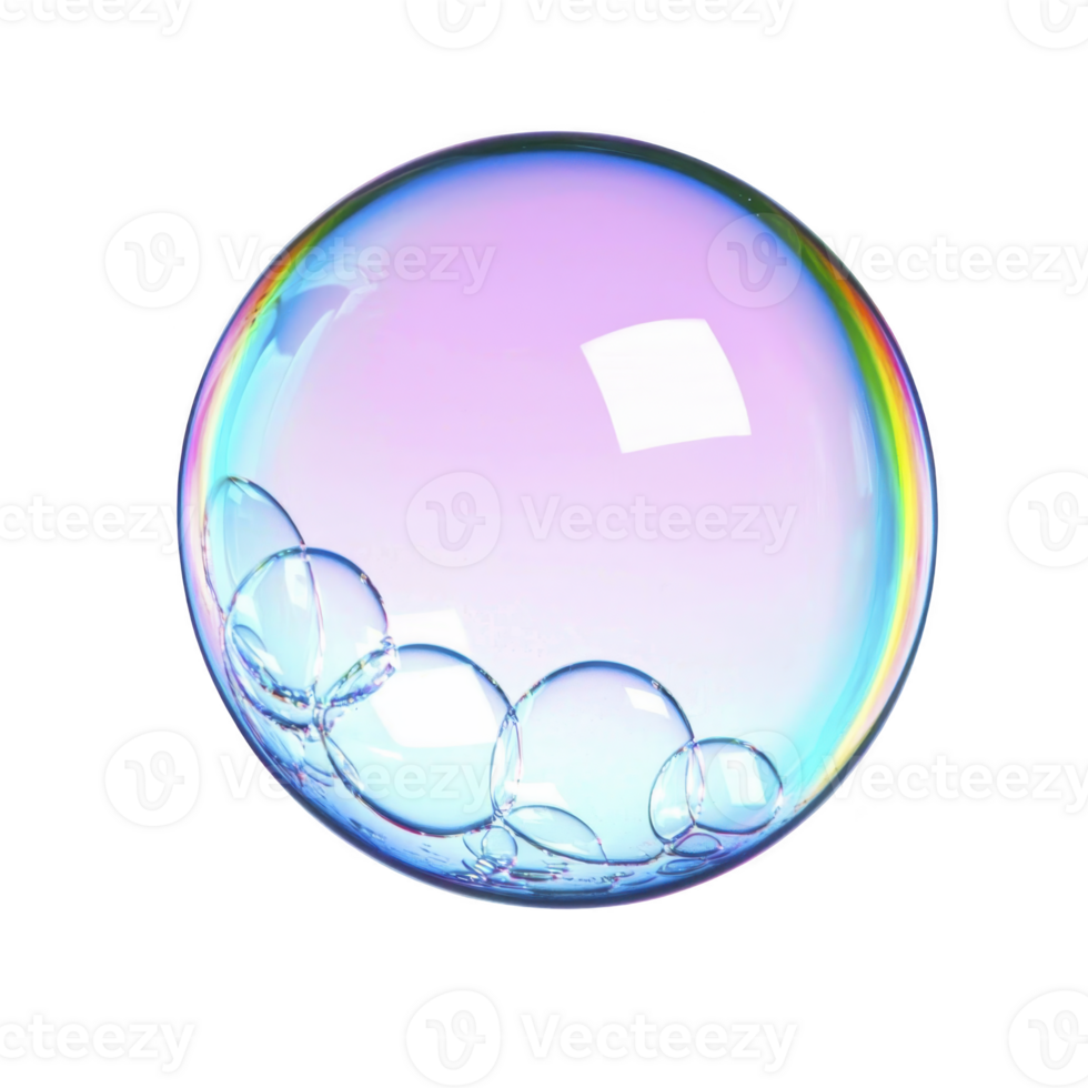 A delicate, iridescent soap bubble floats against transparency background, displaying spectrum of colors and glossy surface. Smaller bubbles cling to its base, creating whimsical and playful scene png
