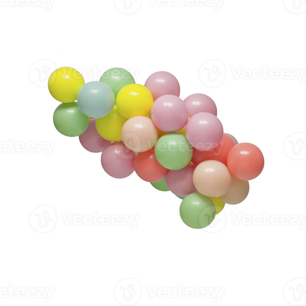 A cluster of colorful balloons in pastel shades of pink, green, yellow, and blue creates cheerful and festive atmosphere. arrangement is perfect for celebrations and parties png