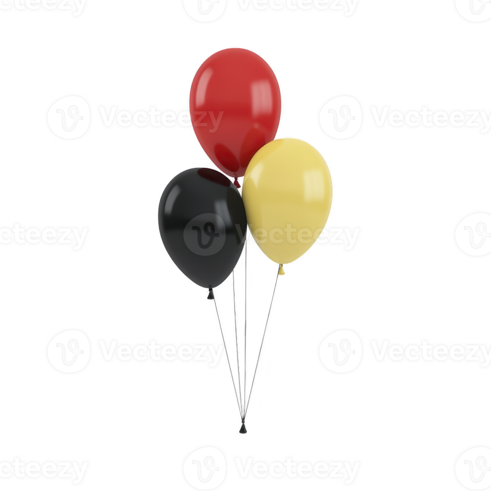 A Three colorful balloons, red, black, and yellow, floating together against plain background, creating festive and cheerful atmosphere png