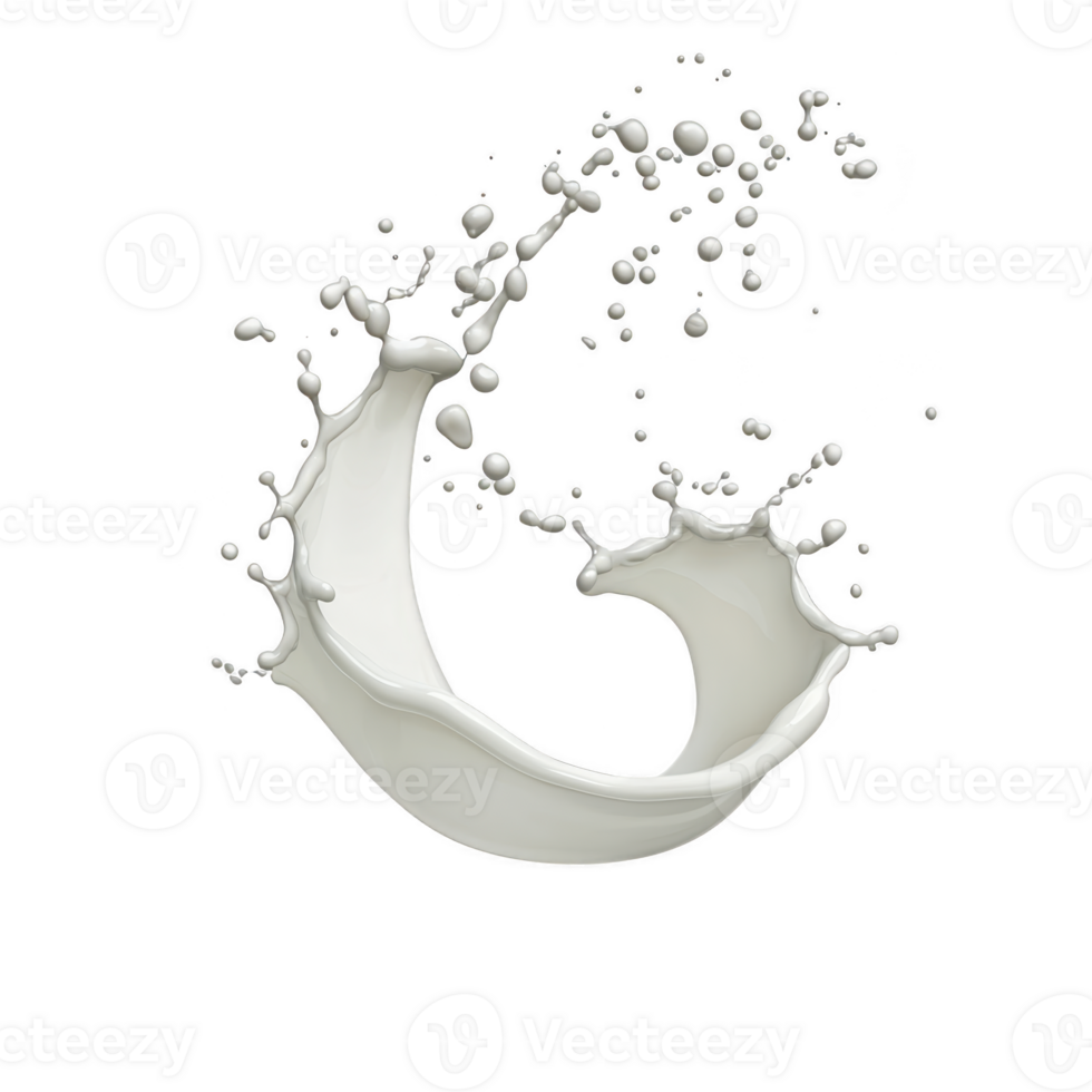 A dynamic splash of milk captured mid air, forming elegant arc with droplets suspended around it, creating sense of motion and fluidity png