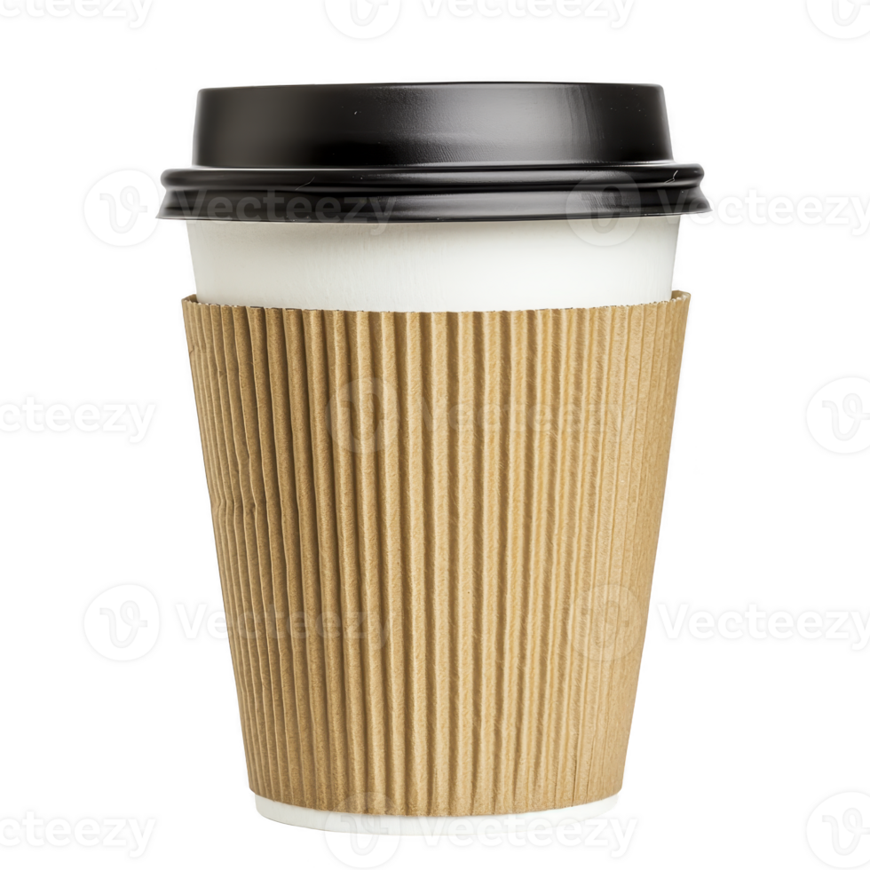A disposable coffee cup with black lid and brown corrugated sleeve, designed for hot beverages, stands against transparency background png