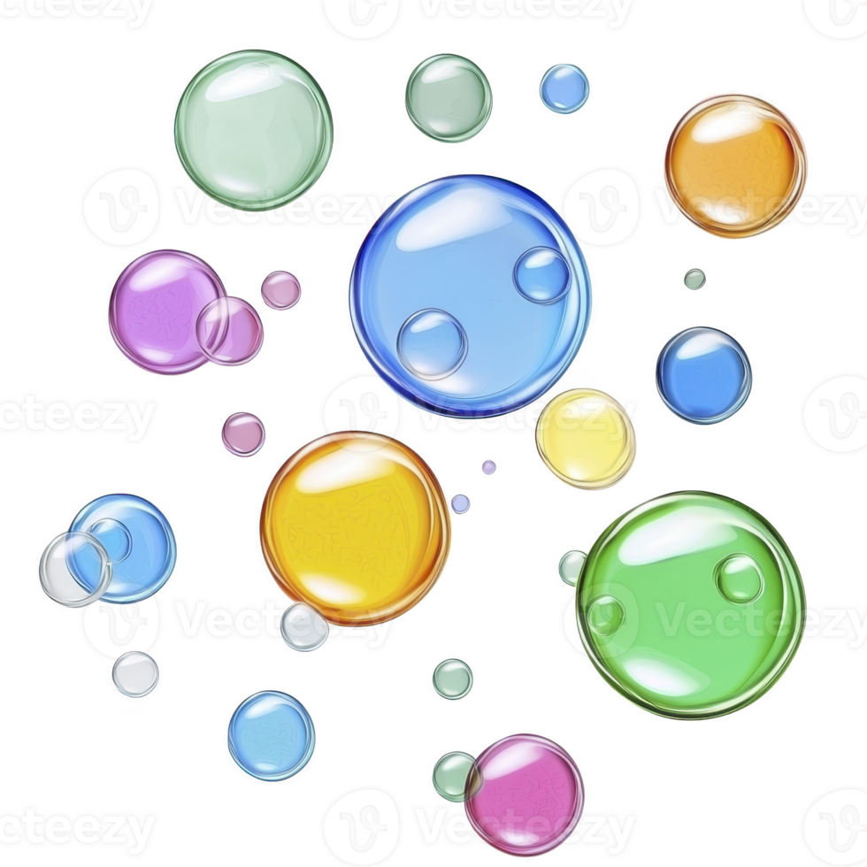 A Colorful translucent bubbles of various sizes float against transparency background, creating playful and whimsical atmosphere. bubbles display spectrum of colors including blue, green, yellow png