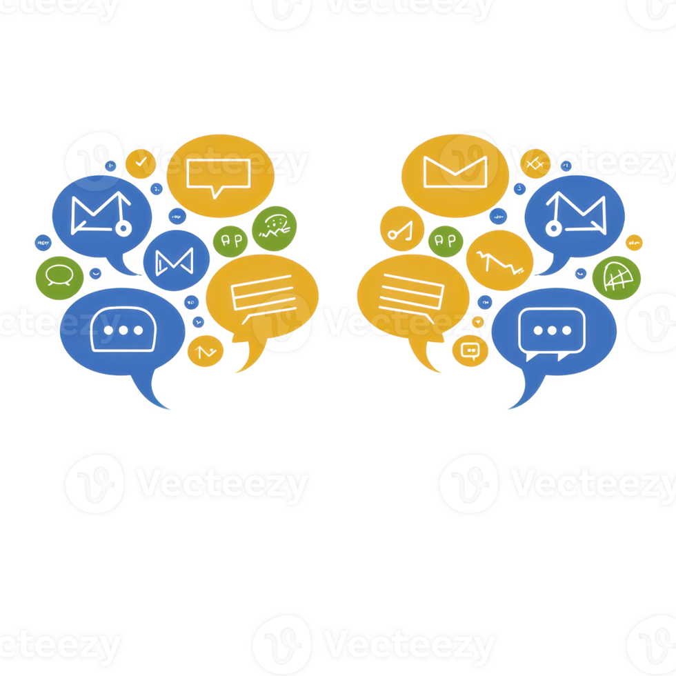 A Colorful speech bubbles with various communication icons, including envelopes and chat symbols, represent digital communication and social interaction. design is vibrant and engaging png