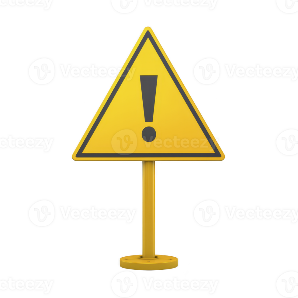 A yellow triangular warning sign with exclamation mark stands prominently, conveying caution or alert. sign is mounted on sturdy base, ensuring visibility and stability png