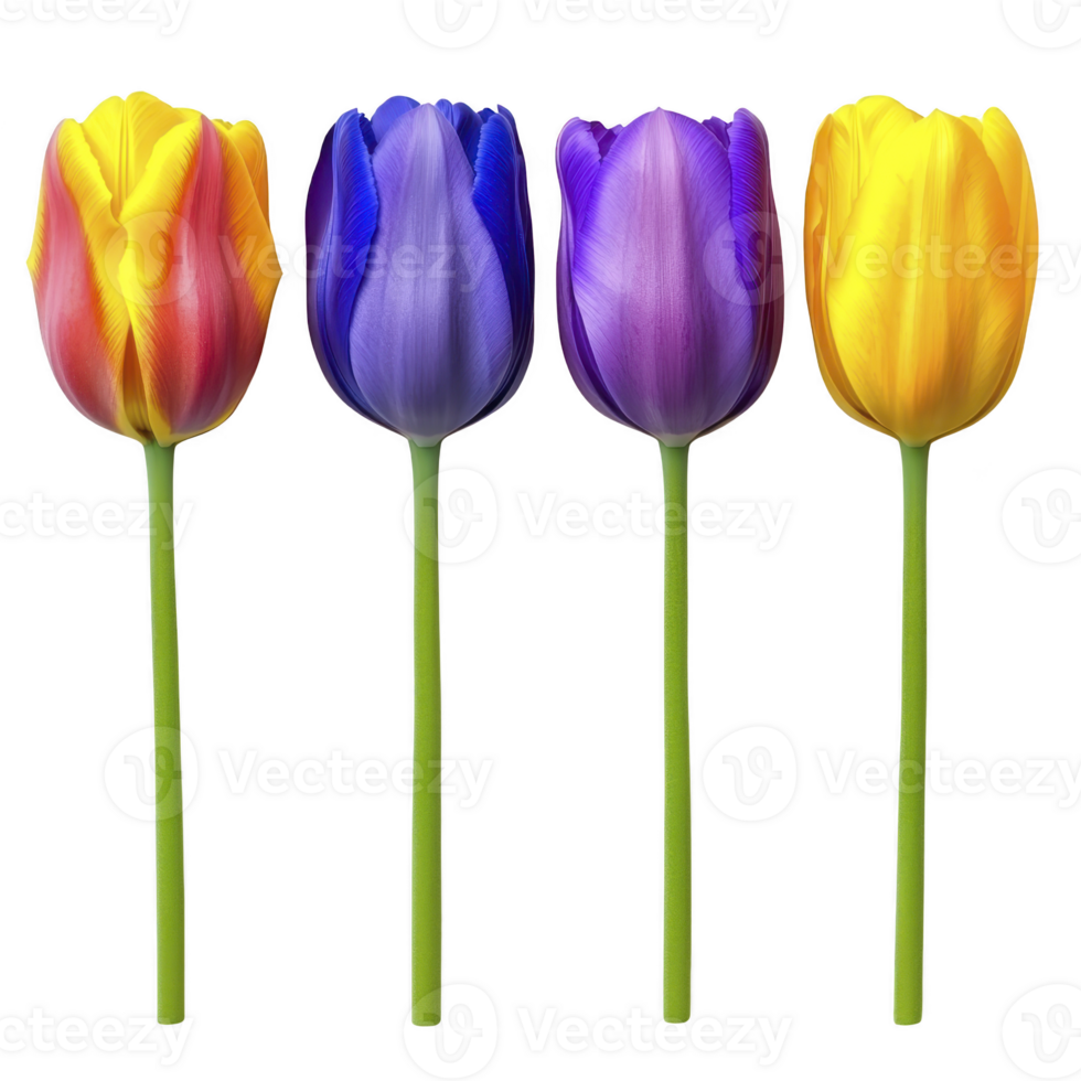 A Four vibrant tulips in red, yellow, blue, and purple stand in row, showcasing their vivid colors and delicate petals. image captures beauty and diversity of these spring flowers png