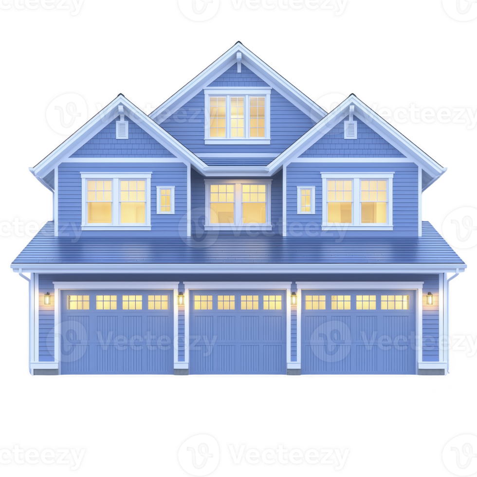 A large, modern blue house with multiple windows and three car garage, illuminated warmly from within, showcases welcoming and spacious design png