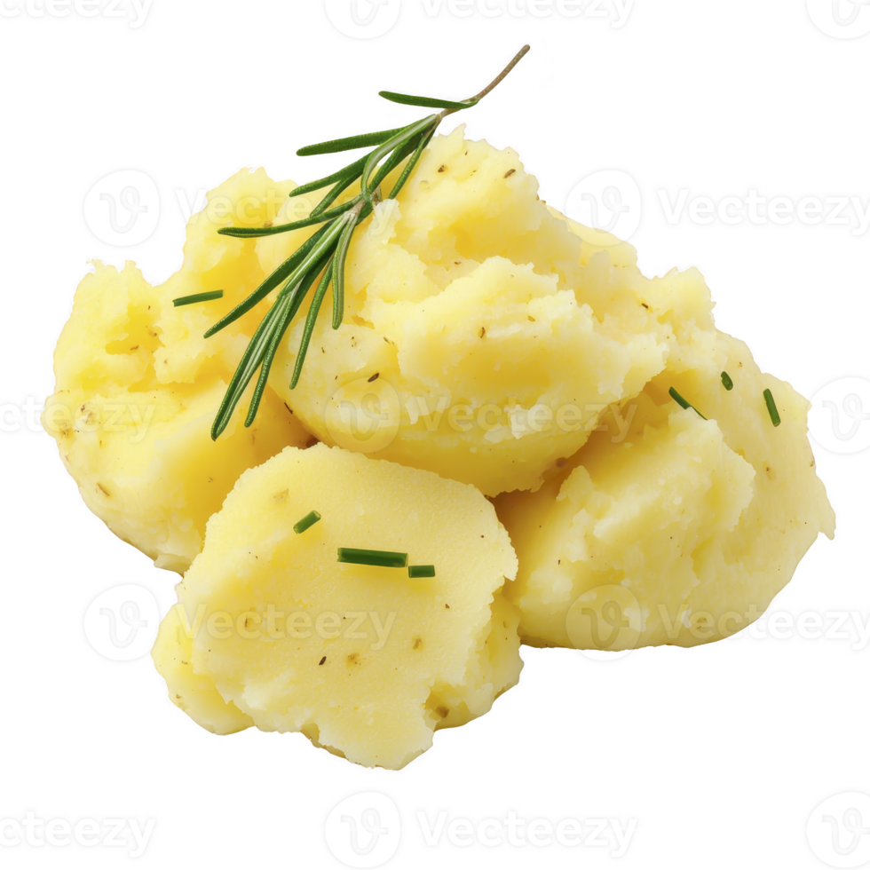 A Creamy mashed potatoes garnished with fresh rosemary and chives, creating comforting and flavorful dish. Perfect for cozy meal or as side dish for various occasions png