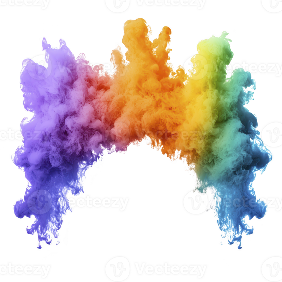 A vibrant explosion of colorful smoke forms arch, blending shades of purple, orange, and green in dynamic and artistic display. swirling clouds create sense of movement and energy png