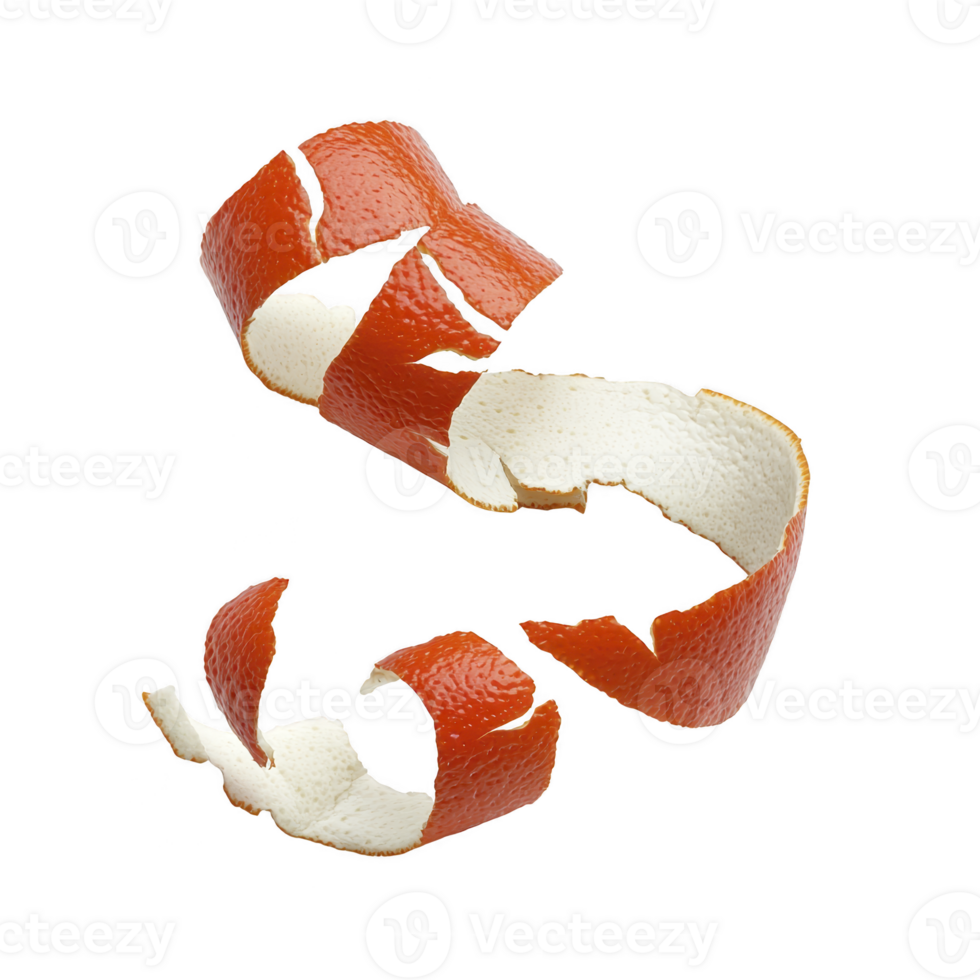 A spiraled orange peel is elegantly curled against transparency background, showcasing its vibrant color and textured surface. peel natural twist creates dynamic and artistic visual png