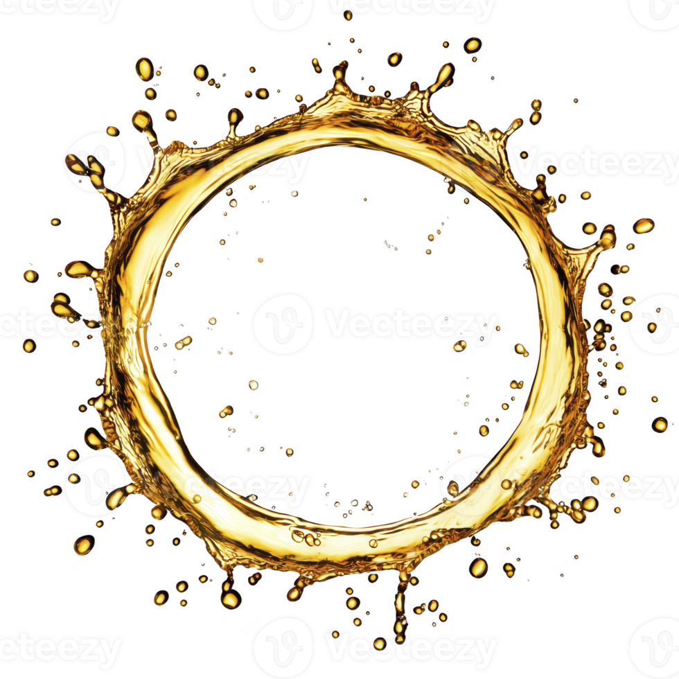 A dynamic splash of golden liquid forms perfect circle against transparency background, creating striking and energetic visual. fluid motion and vibrant color convey sense of movement and vitality png