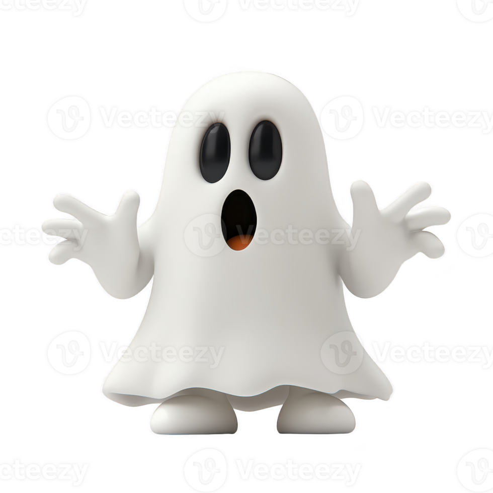 A cute cartoon ghost with surprised expression stands with arms outstretched, featuring classic white sheet design and large black eyes. playful character evokes sense of fun and whimsy png