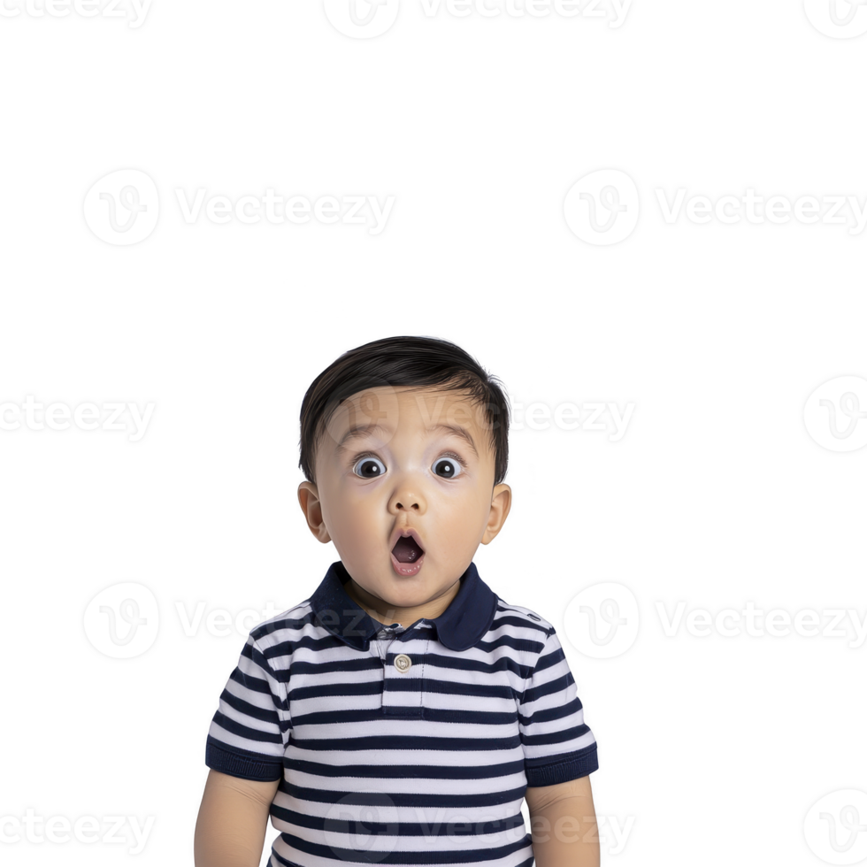 A surprised baby wearing striped shirt with wide eyes and open mouth, expressing amazement. background is plain, emphasizing child expression png