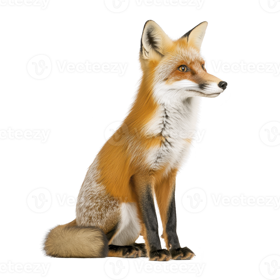 A realistic illustration of red fox sitting, showcasing its vibrant orange fur, bushy tail, and alert expression. detailed depiction highlights fox natural beauty and grace png