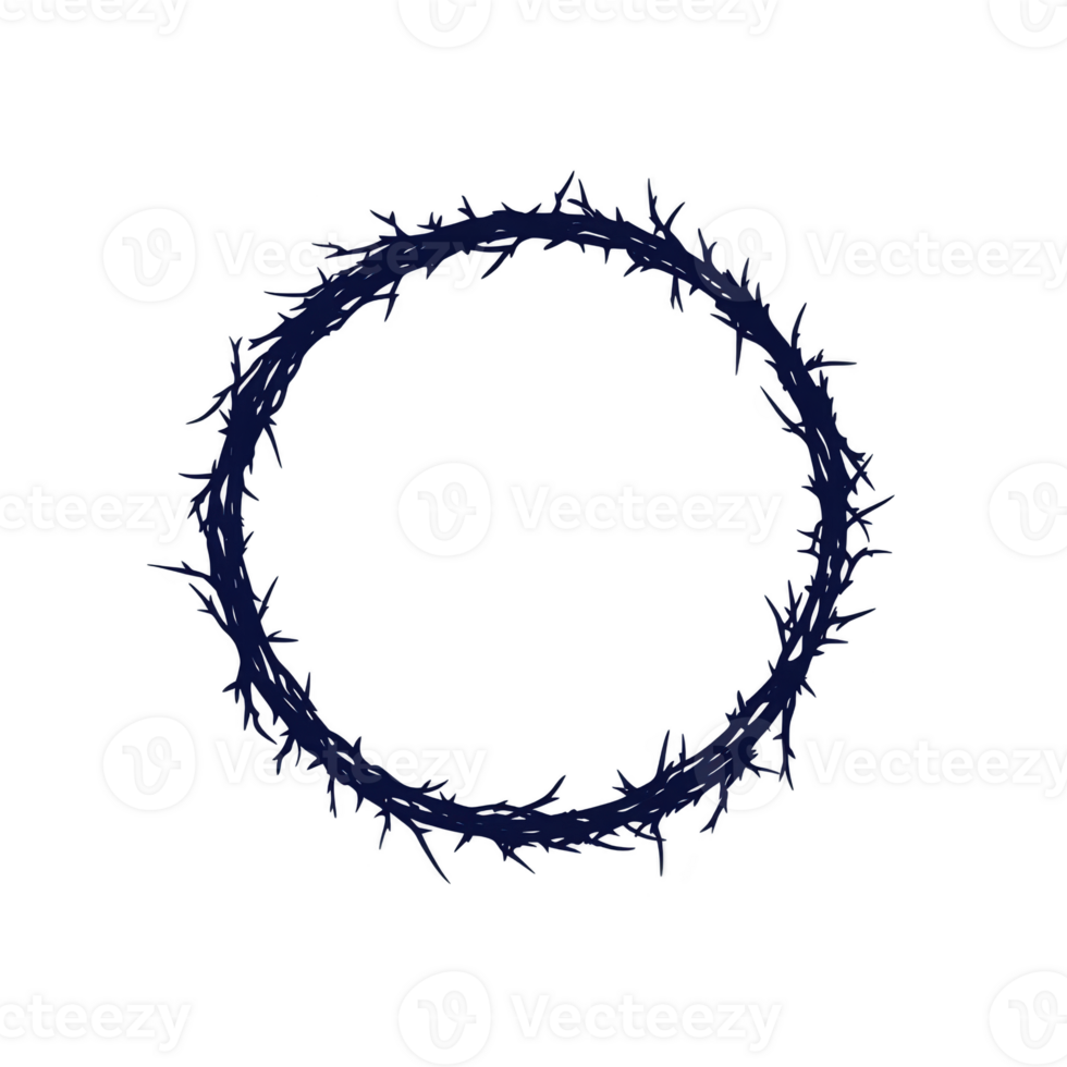 A dark blue circular crown of thorns is depicted against transparency background, symbolizing suffering and sacrifice. intricate design features sharp, jagged thorns, creating stark and dramatic png