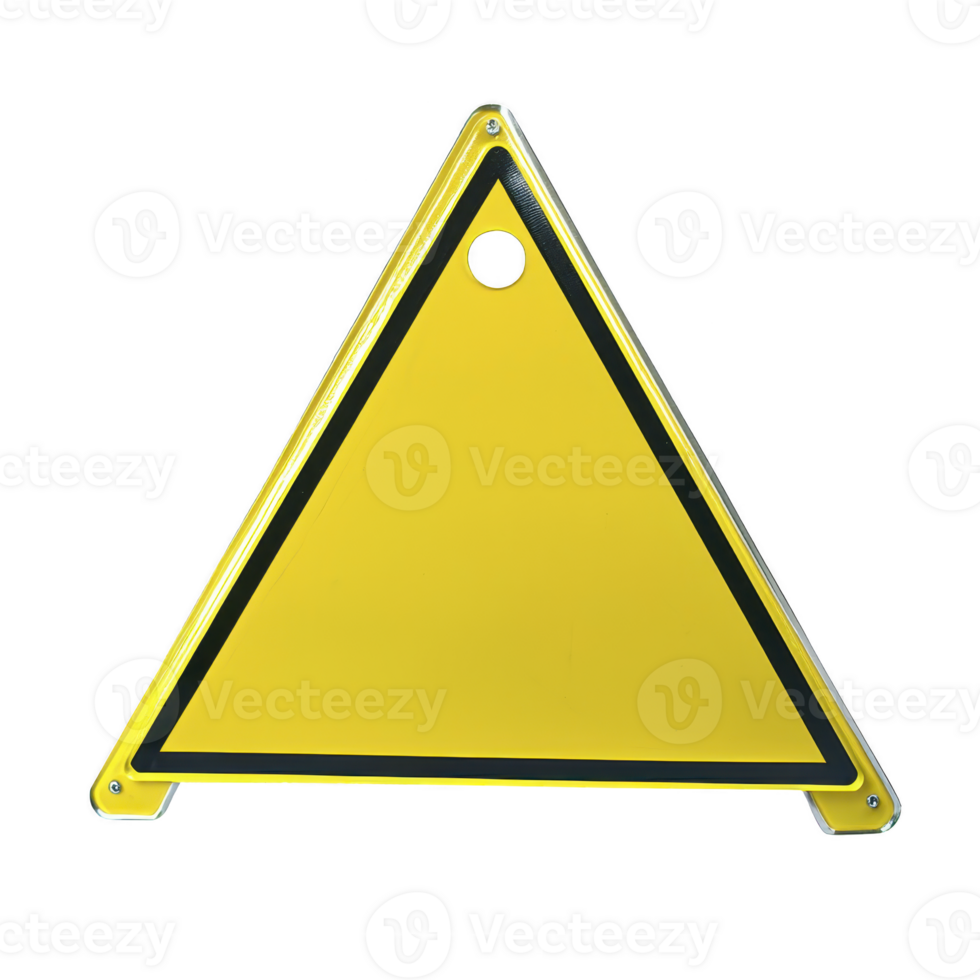 A yellow triangular warning sign with black border and hole at top for mounting, often used for cautionary messages or alerts in various settings png