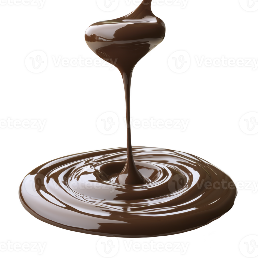 A stream of rich, creamy chocolate is being poured, creating smooth, glossy swirl on dark surface. luscious texture and deep brown color evoke sense of indulgence and sweetness png