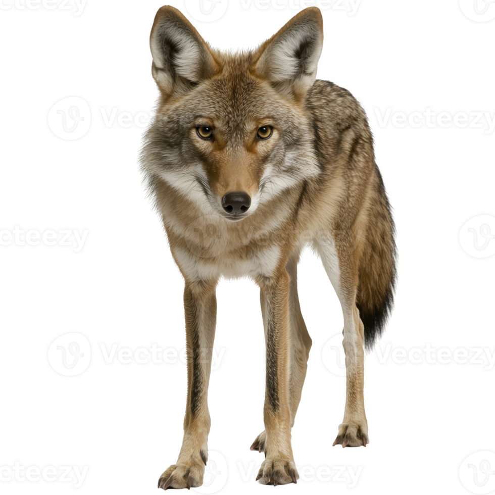 A coyote stands alert with its ears perked and eyes focused, showcasing its thick fur and bushy tail. animal natural coloring blends shades of brown and gray, highlighting its adaptability png