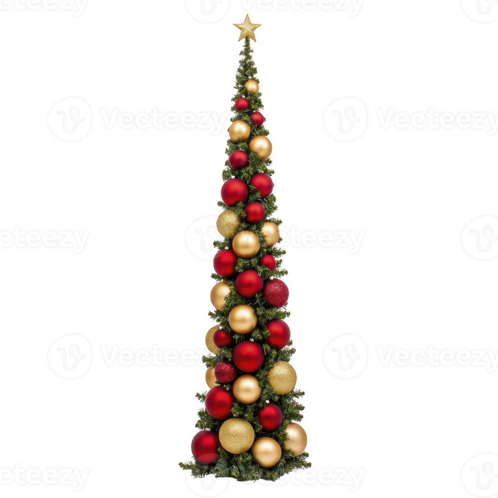 A tall, elegant Christmas tree adorned with red and gold ornaments, topped with shining star, creates festive and joyful atmosphere png