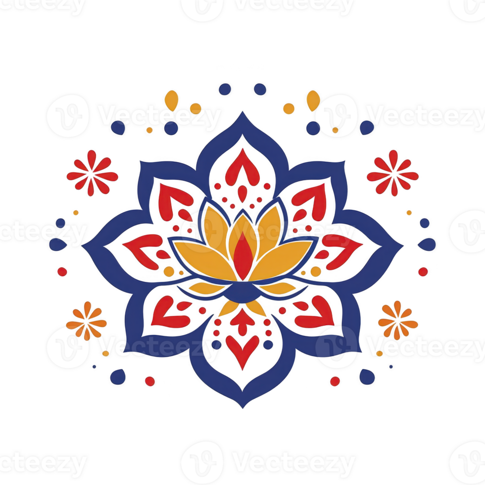 A vibrant mandala design featuring central lotus flower surrounded by intricate patterns in blue, red, and yellow, evoking sense of harmony and balance png