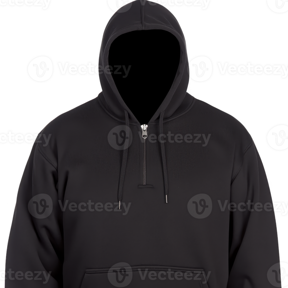 A black hoodie with front zipper and drawstrings is displayed against plain background, showcasing its casual and versatile style. hood is up, adding sense of mystery png