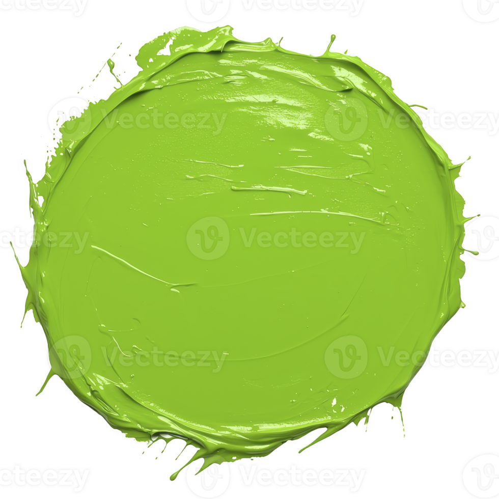 A vibrant, circular splash of bright green paint with glossy texture and uneven edges, creating dynamic and artistic appearance png
