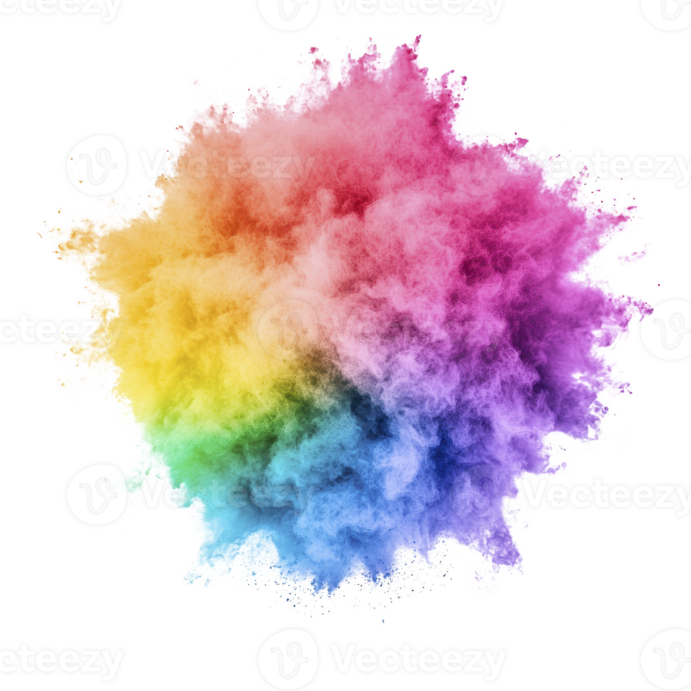 A vibrant explosion of colorful powder creates dynamic and energetic display, blending shades of red, orange, yellow, green, blue, and purple in cloud like formation png