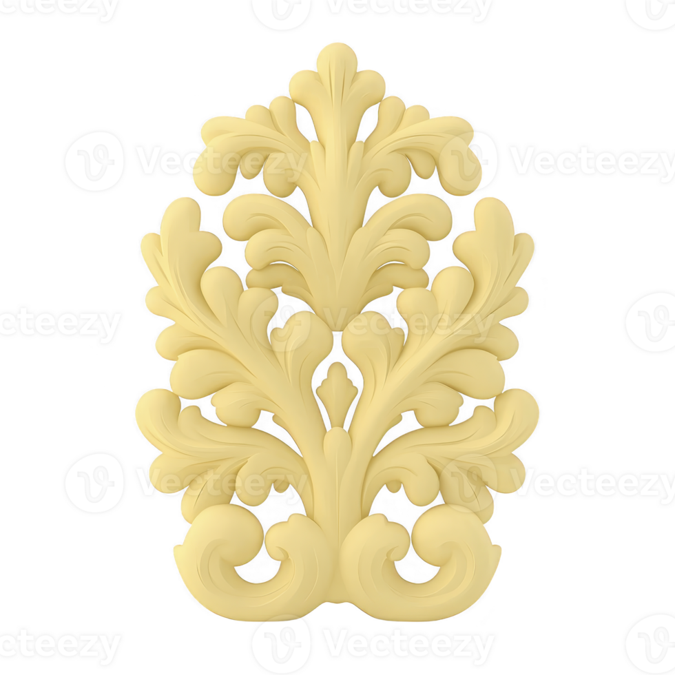 An ornate, decorative applique with intricate floral patterns and symmetrical design, crafted in light beige color, perfect for enhancing furniture or architectural elements png