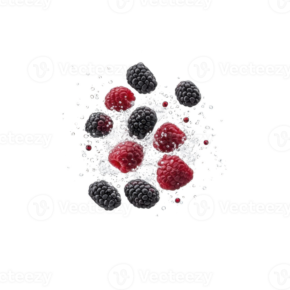 A dynamic splash of fresh raspberries and blackberries with water droplets creates refreshing and vibrant scene against transparency background png
