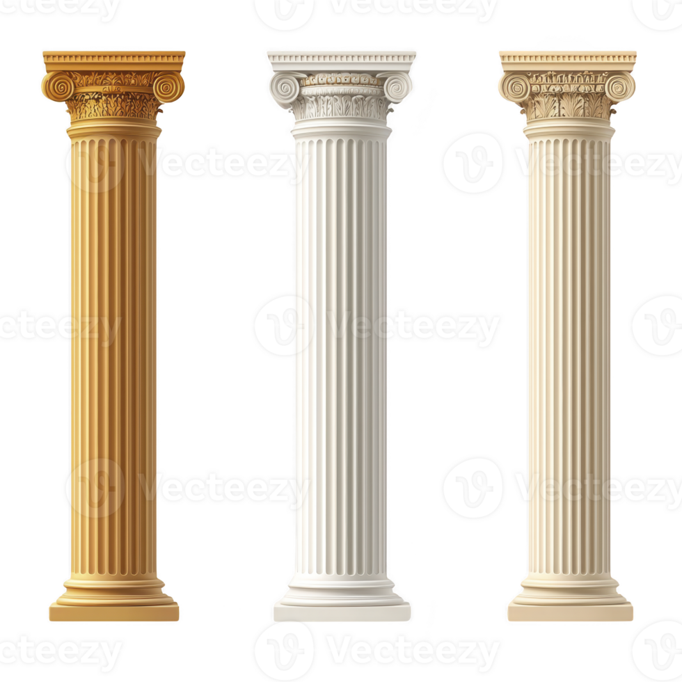 A Three classical columns stand side by side, each showcasing distinct architectural styles. first is golden Ionic column with intricate scrolls, second is white Corinthian column with ornate png