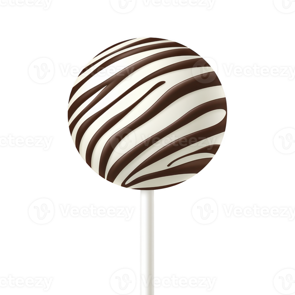 A round lollipop with striking zebra pattern features white and dark chocolate swirls, creating eye catching design. lollipop is mounted on white stick, set against plain background png