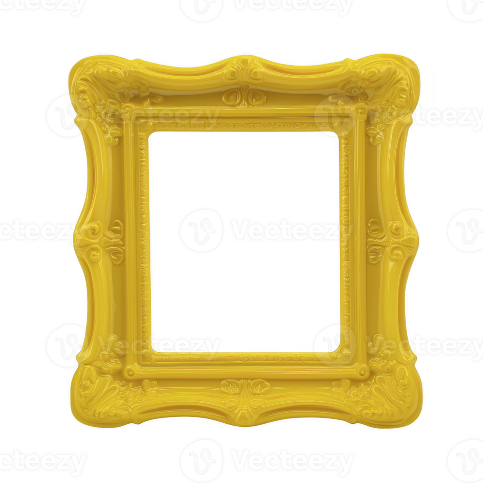 A vibrant yellow ornate picture frame with intricate detailing and classic design, perfect for adding pop of color and elegance to any space. frame bold color and decorative elements make it png