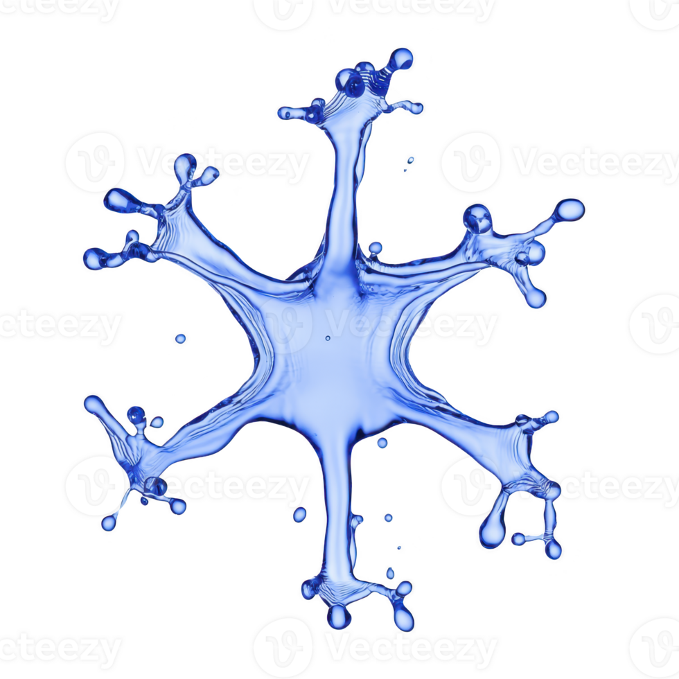 A This features dynamic splash of blue liquid forming star like shape against transparency background, showcasing fluid motion and abstract design png