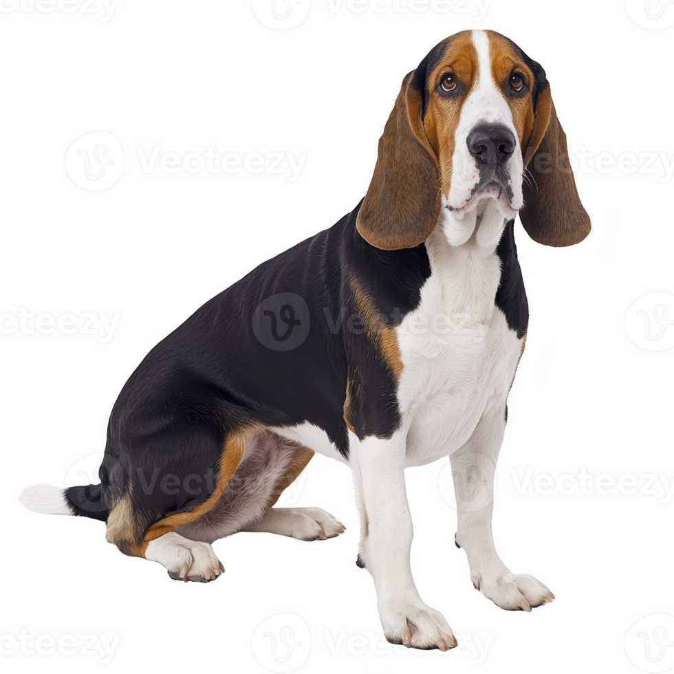 A tricolor Basset Hound with long ears and gentle expression sits attentively, showcasing its distinctive short legs and elongated body. dog coat features mix of black, white, and brown png