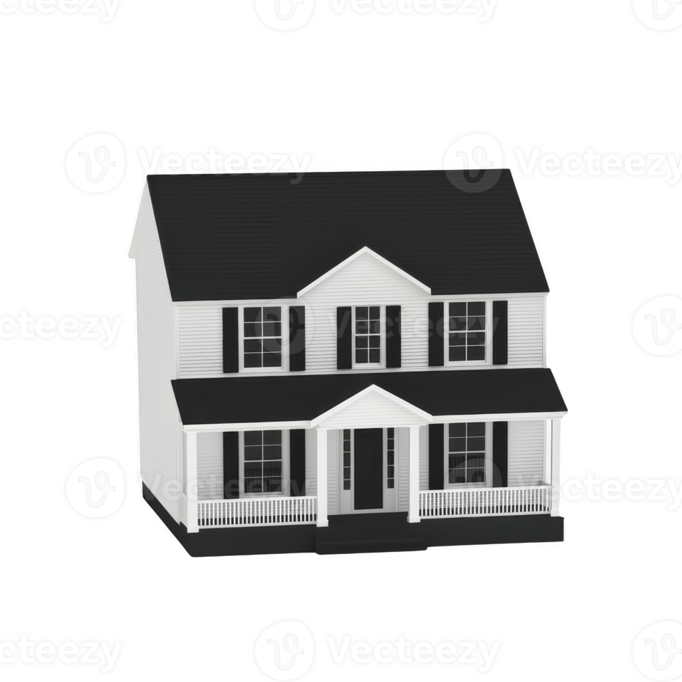 A two story house with classic design features black roof, white siding, and black shutters. front porch adds charm and symmetry to overall appearance png