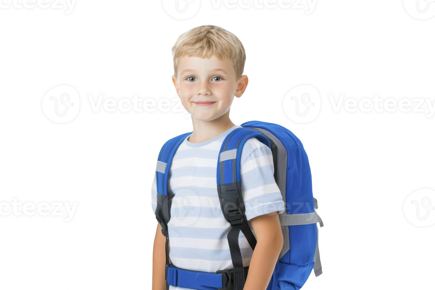 A young boy with cheerful expression is wearing striped shirt and blue backpack, ready for school. background is plain, emphasizing his readiness and excitement png