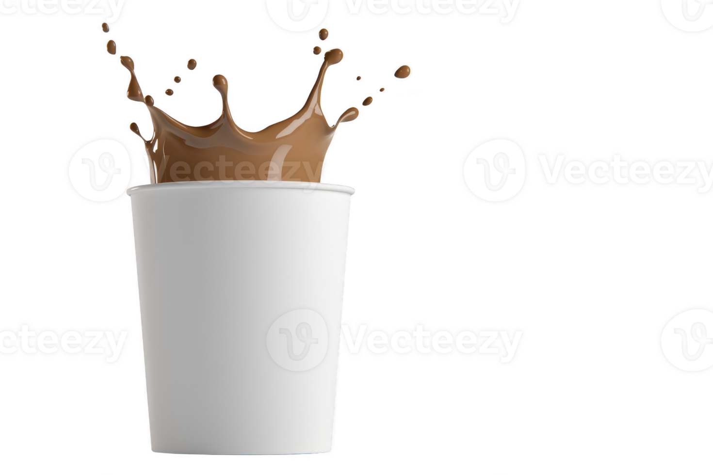 A splash of chocolate milk erupts from white paper cup, creating dynamic and energetic scene. contrast between rich brown liquid and plain cup highlights motion png