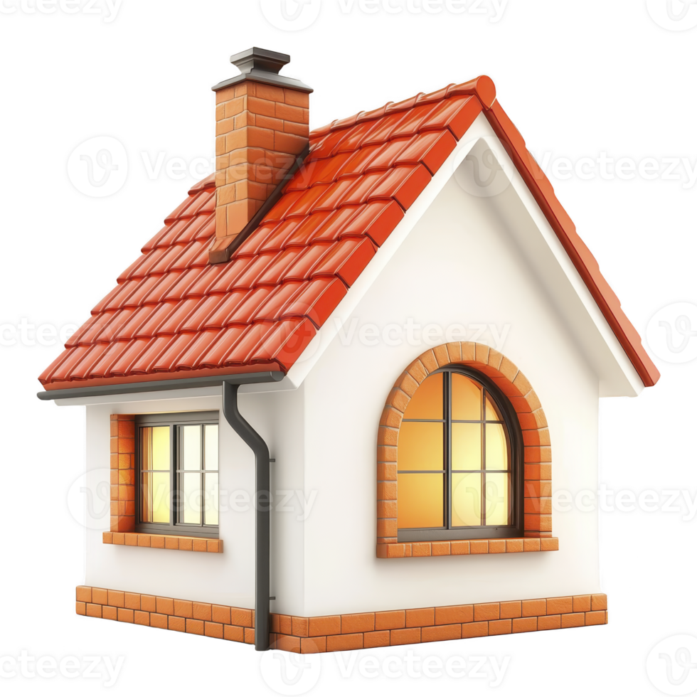 A small, charming house with red tiled roof, brick chimney, and arched window exudes warmth and coziness. white walls and brick accents add classic touch to design png