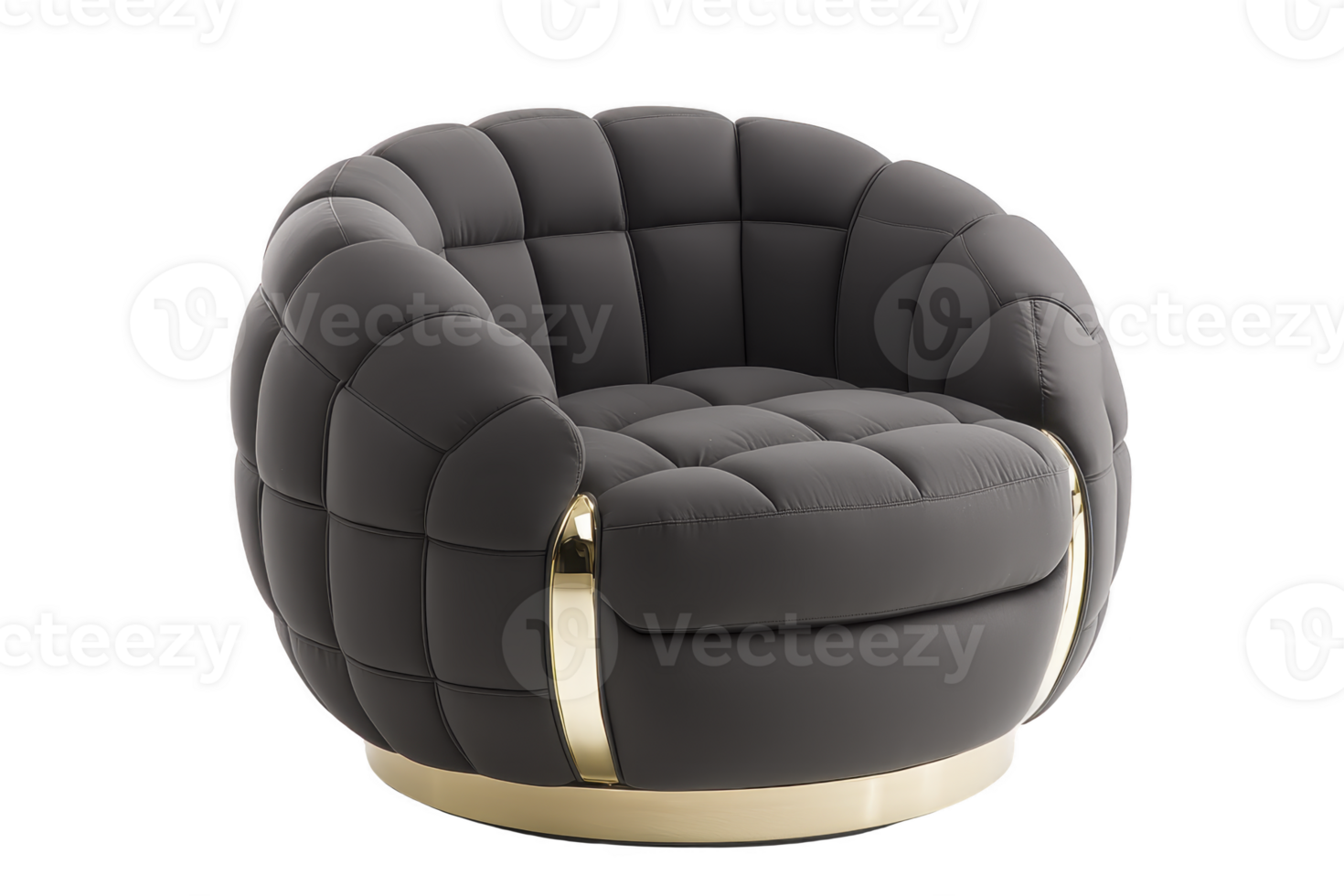 A luxurious, modern armchair with plush, quilted design and gold accents, perfect for adding elegance to any living space. chair round shape and dark upholstery create cozy, inviting feel png
