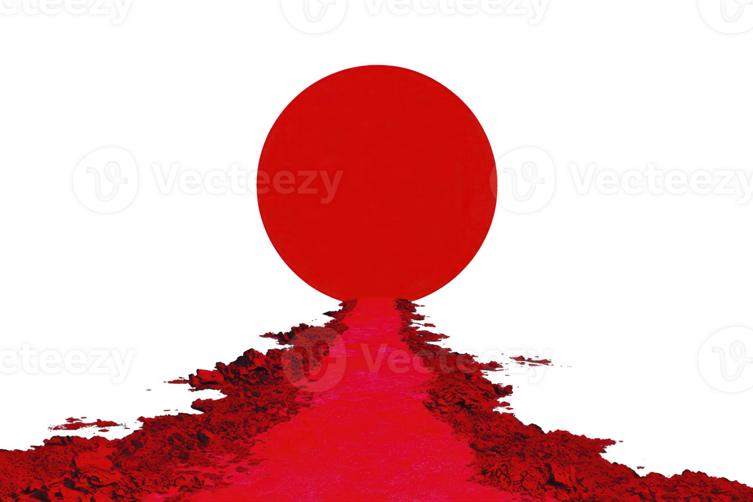 A large red circle dominates center of image, set against transparency background. red path leads towards circle, creating dramatic and surreal atmosphere. path is flanked by dark, textured edges png