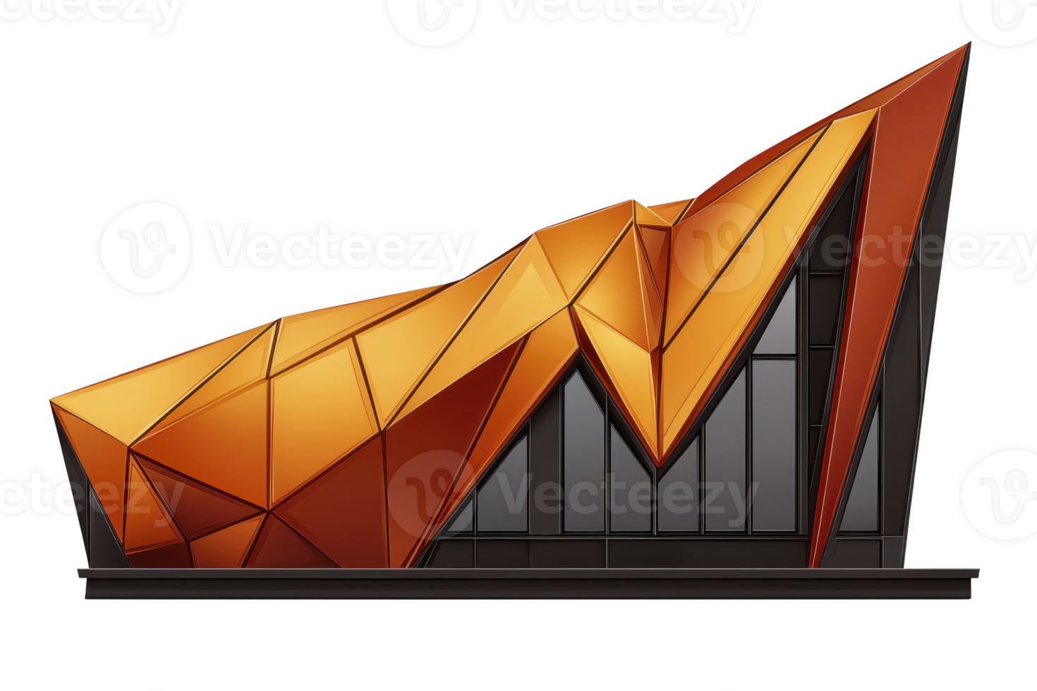 A modern architectural structure with striking geometric design features angular, orange panels and large glass windows, creating dynamic and futuristic appearance png