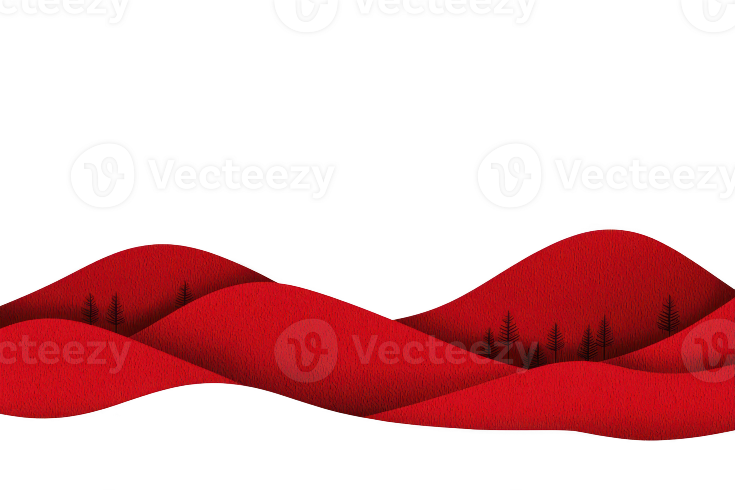 A vibrant red abstract landscape features rolling hills with subtle tree silhouettes, creating striking contrast against transparency background. minimalist design evokes sense of tranquility png
