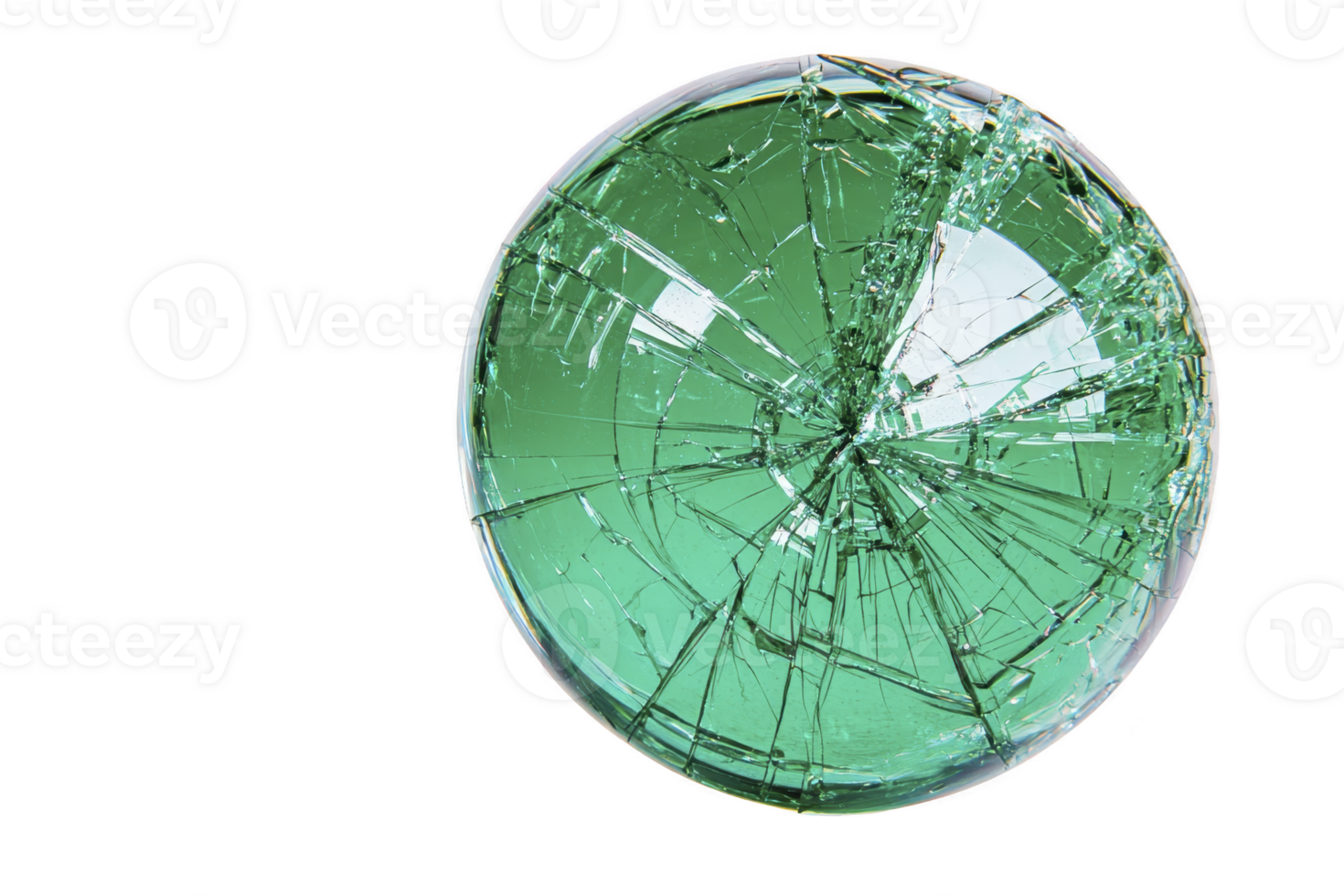 A shattered green glass sphere with intricate cracks creates striking visual effect, symbolizing fragility and transformation. broken surface reflects light, adding depth and complexity png