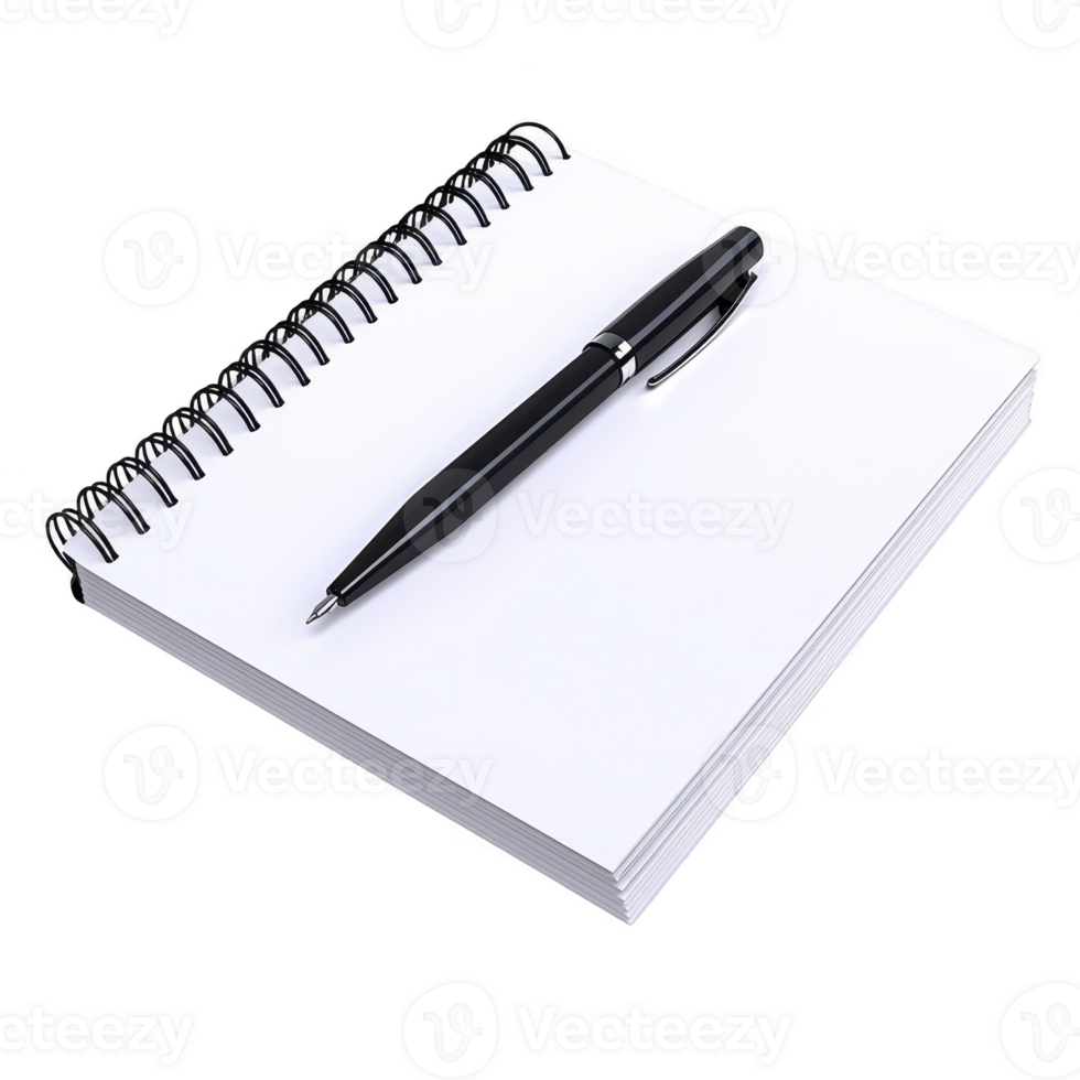 A black pen rests on open spiral notebook with blank white pages, ready for writing or sketching. scene is simple and inviting, perfect for creativity or note taking png