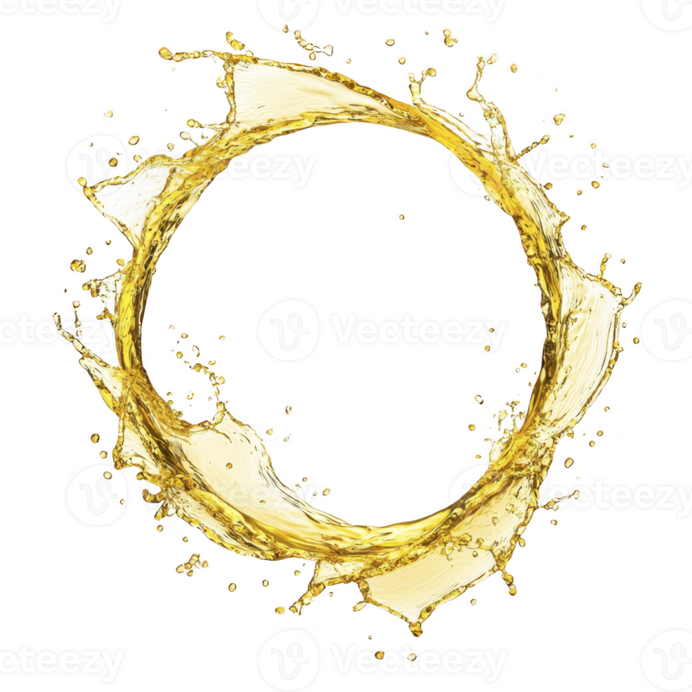 A dynamic splash of golden liquid forms perfect circle against transparency background, creating sense of motion and energy. vibrant color and fluid shape evoke feeling of luxury and vitality png