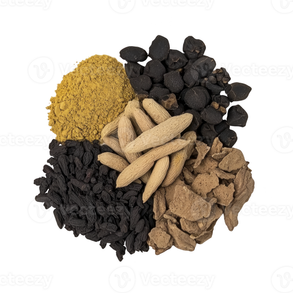A variety of dried herbs and spices are arranged circular pattern, showcasing mix of textures and earthy tones. assortment includes yellow powder, elongated seeds, and dark dried fruits png
