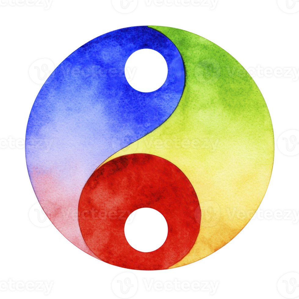 A This features colorful yin yang symbol with watercolor texture, blending blue, red, and green hues. design creatively merges traditional symbolism with vibrant modern art.colorful yin yang symbol png
