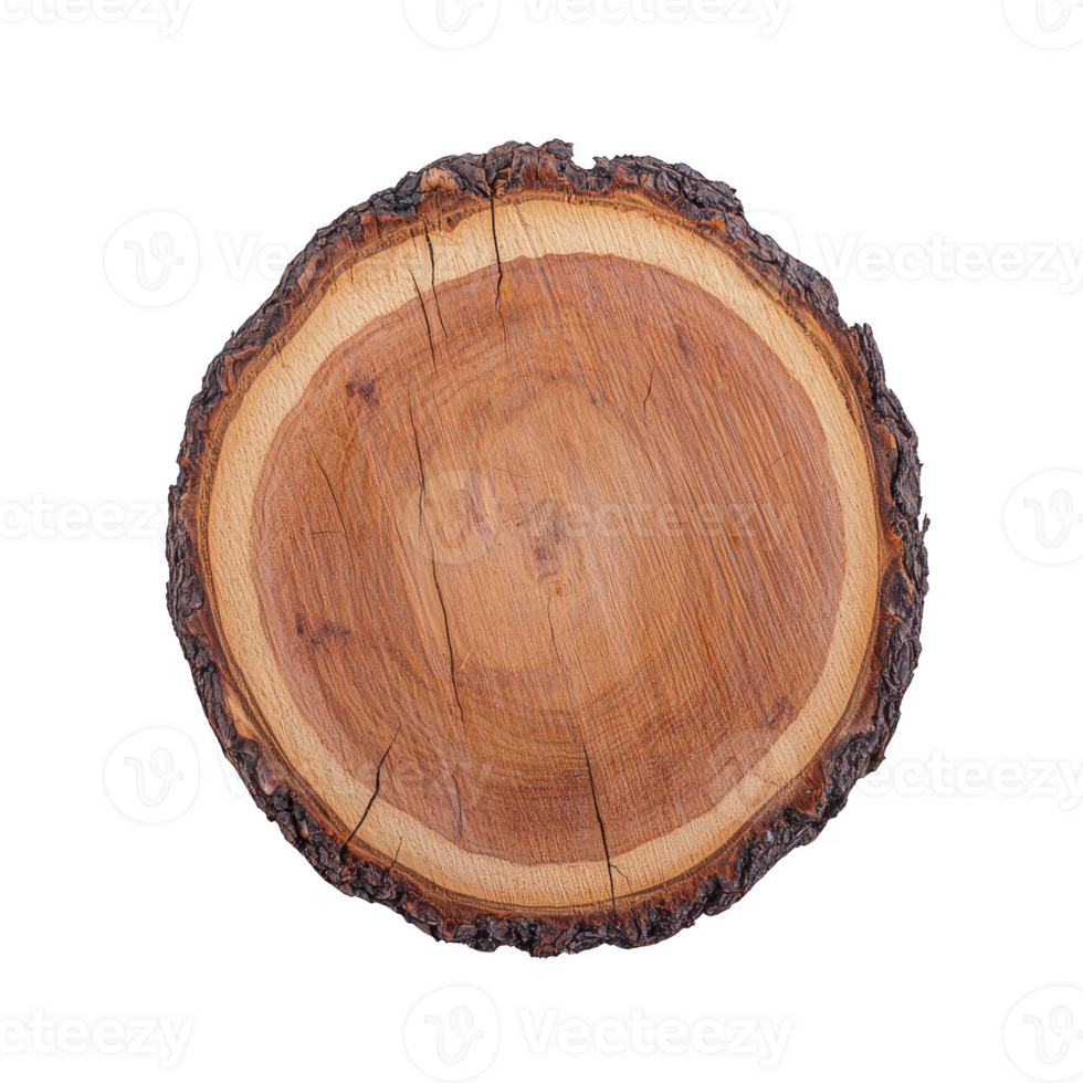 A natural wooden slice with visible tree rings and bark edges, showcasing organic texture and growth patterns. This piece can be used for rustic decor or craft projects png