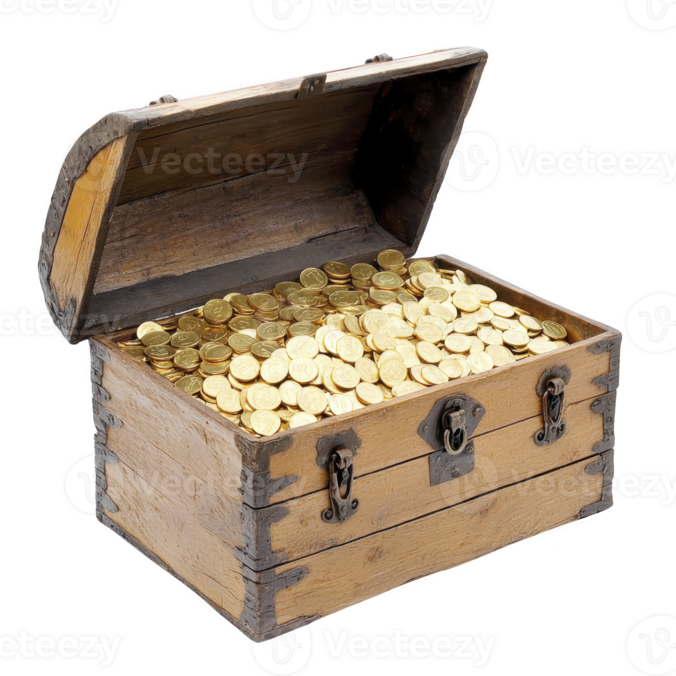 An open wooden treasure chest filled with shiny gold coins, evoking sense of adventure and discovery. chest is adorned with metal reinforcements and clasps, adding to its vintage charm png