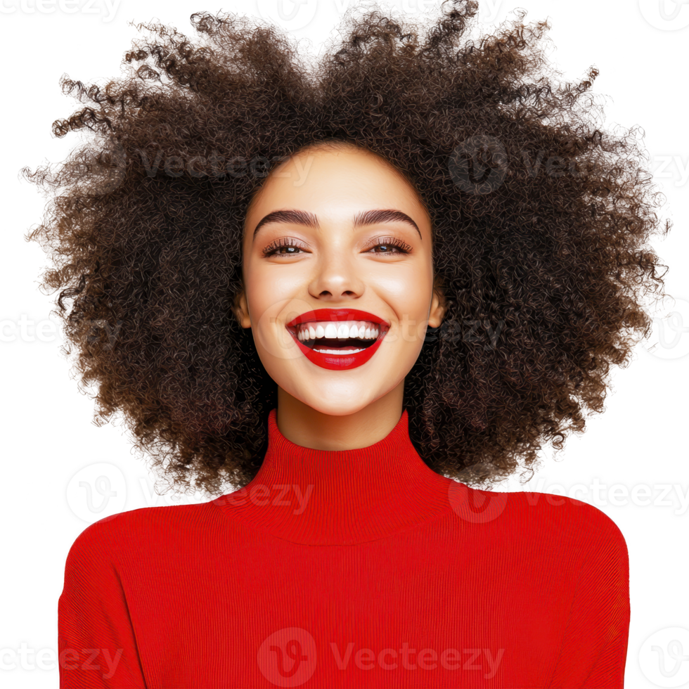 A woman with joyful expression and vibrant red lipstick smiles widely, wearing red turtleneck sweater. Her voluminous curly hair adds to her lively appearance png
