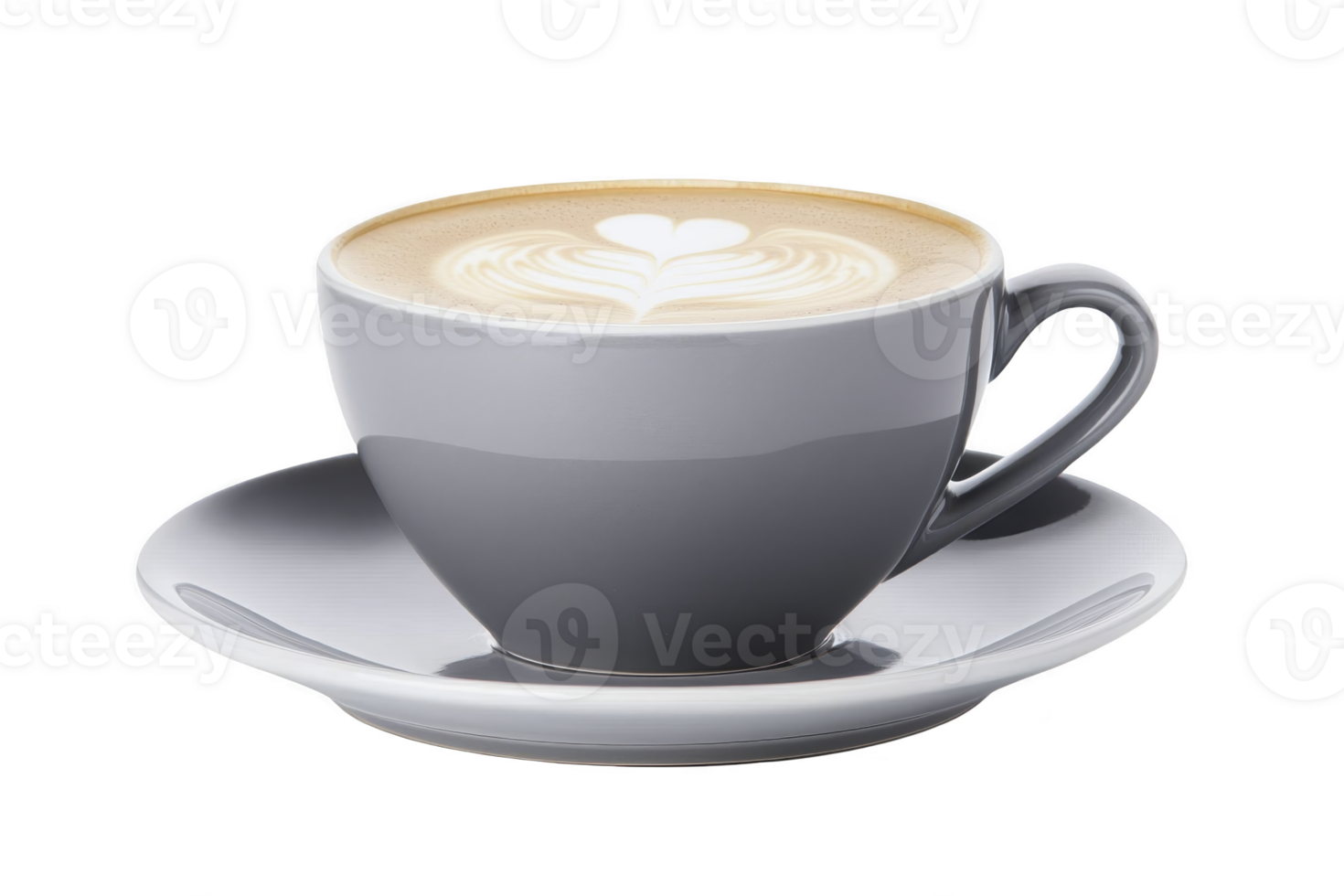 A gray ceramic cup filled with creamy cappuccino sits on matching saucer, featuring delicate heart shaped latte art on top, evoking sense of warmth and comfort png